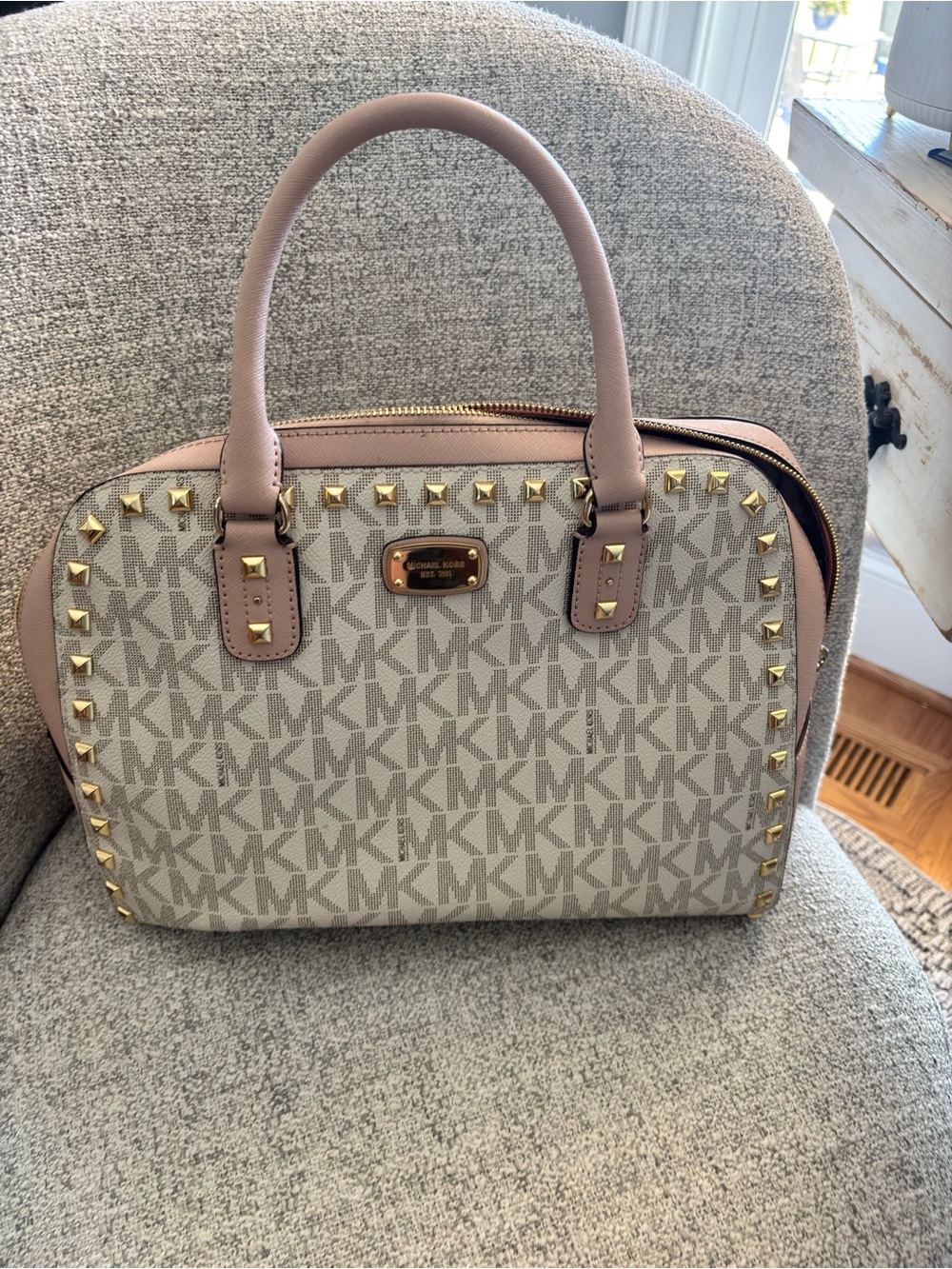Michael Kors Beige MK Logo Satchel with Blush Pink Handles and Gold Stud Accents